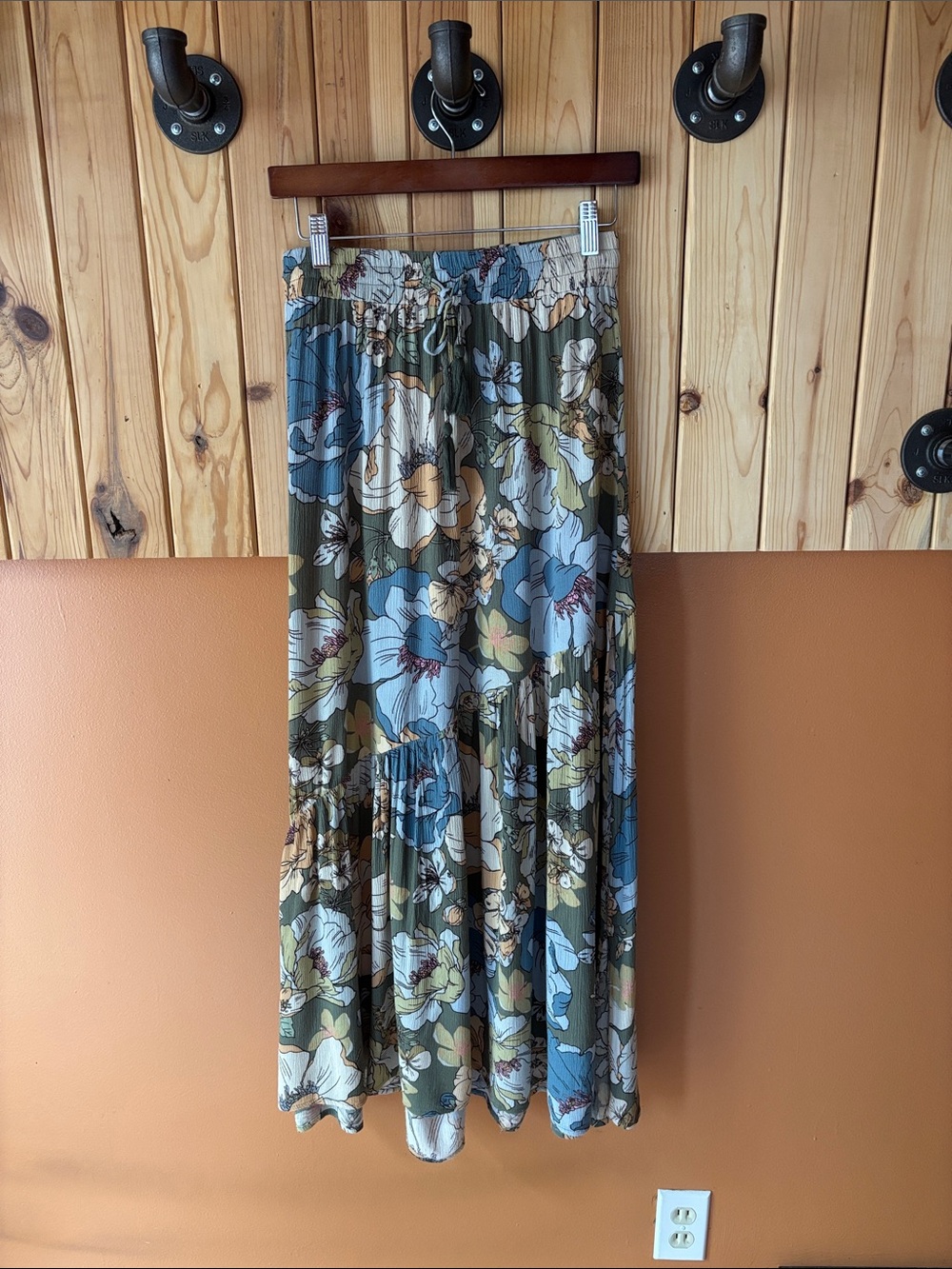 Promesa Olive & Blue Floral Tiered Maxi Skirt